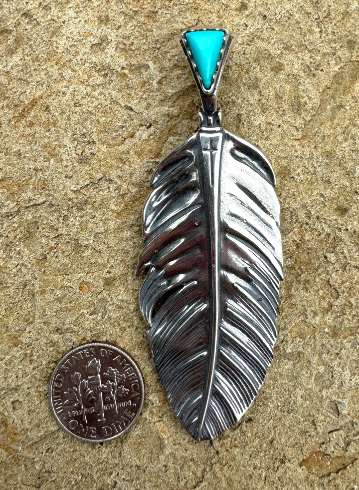 Oxidized Sterling Silver and Turquoise Feather Pendant