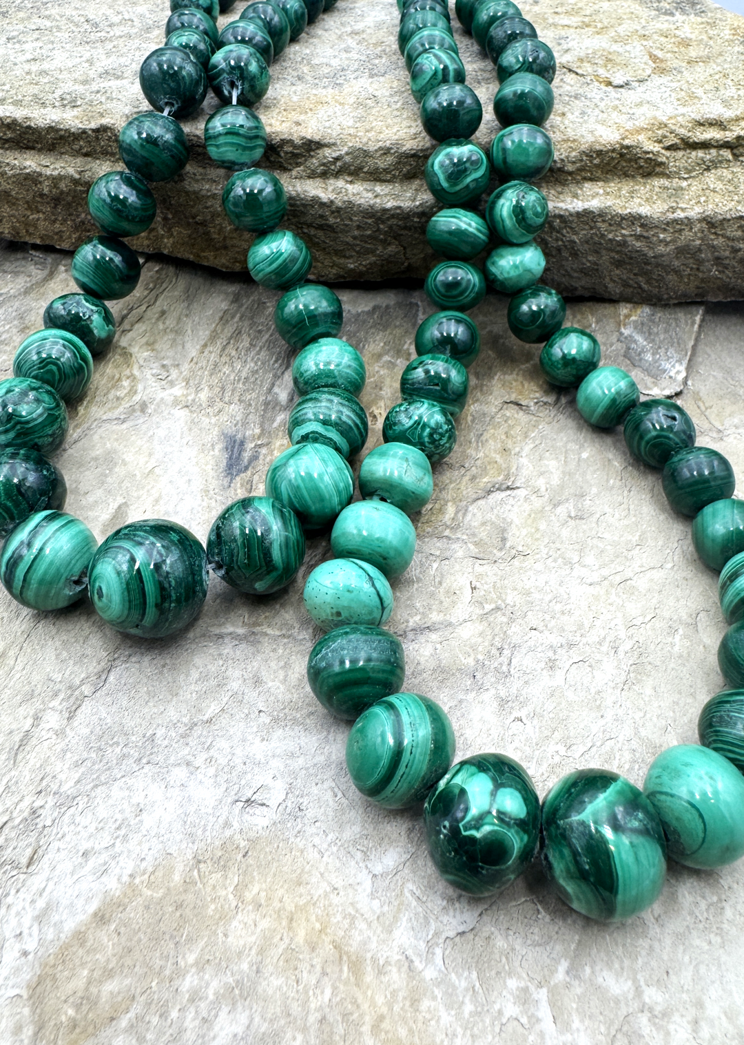 High Quality Malachite Handcut 8-16mm Graduated Round Beads, 15 inch Strand