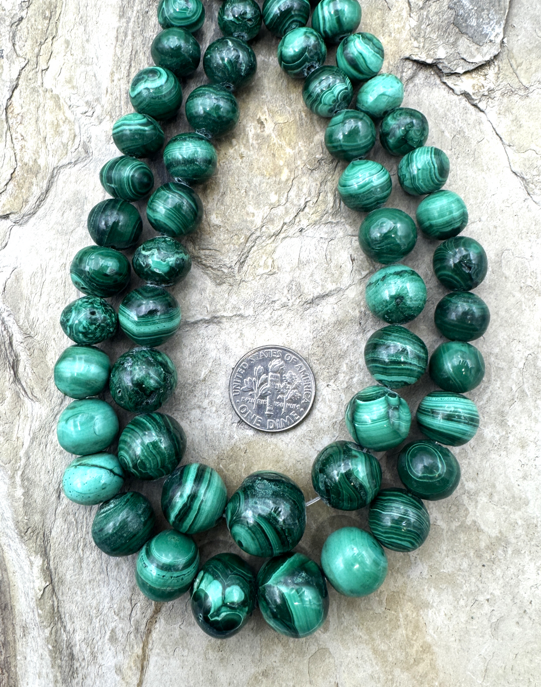 High Quality Malachite Handcut 8-16mm Graduated Round Beads, 15 inch Strand