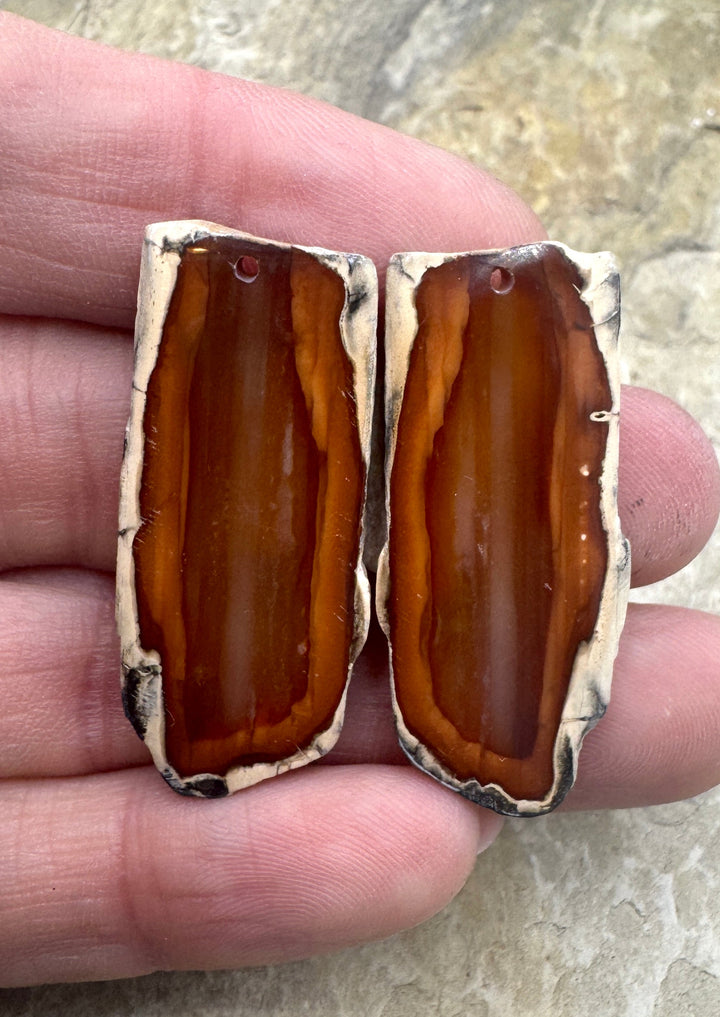 Natural Edge Carnelian Agate Earring Slab Bead Pair, 16x36mm