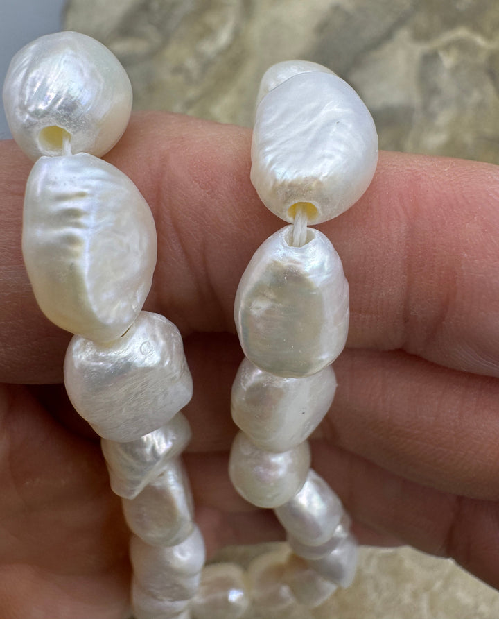 Fresh Water Baroque Irridecent White Large Hole Pearls 8x12mm irregular shape, 15.5 inch Strand