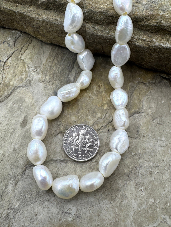 Fresh Water Baroque Irridecent White Large Hole Pearls 8x12mm irregular shape, 15.5 inch Strand