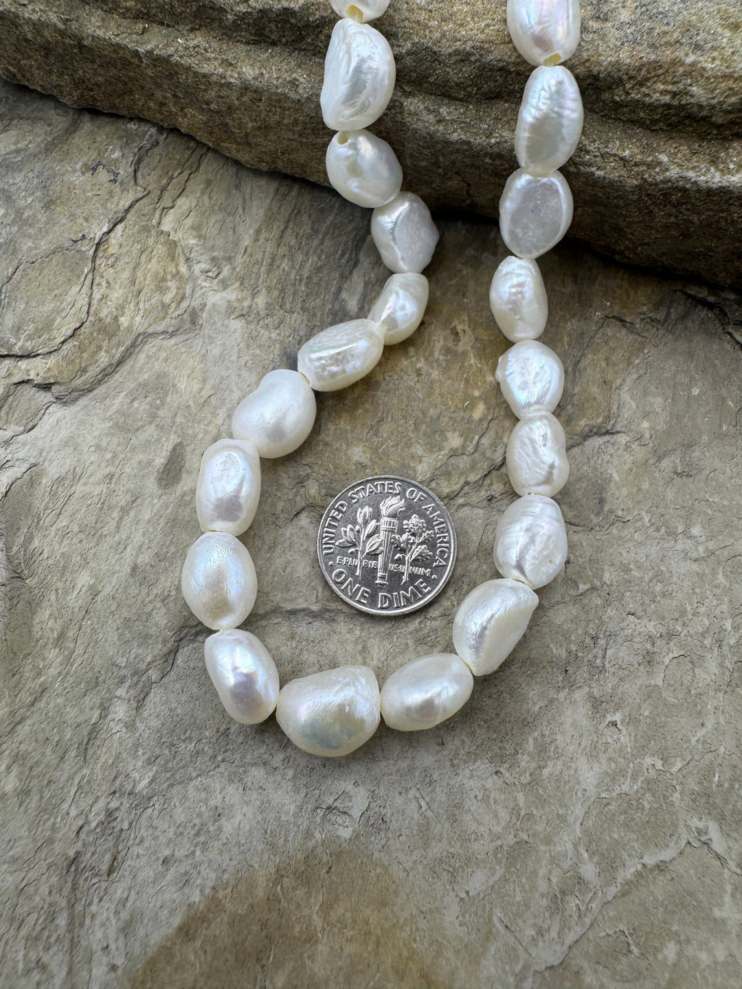 Fresh Water Baroque Irridecent White Large Hole Pearls 8x12mm irregular shape, 15.5 inch Strand