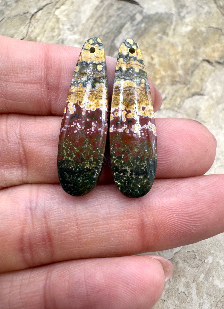 River Jasper (Indonesia) Matching Earring Bead Slab Pair 9x30mm
