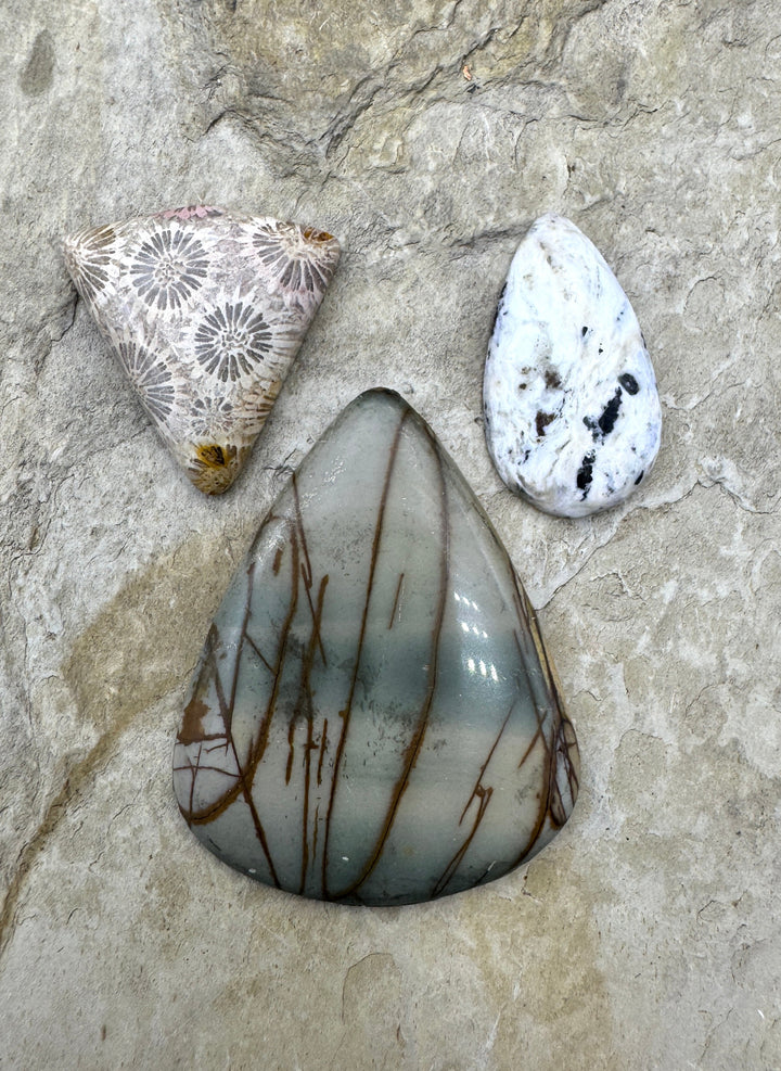 CLOSEOUT LOT 3 Cabochons, Red Creek Jasper, White Buffalo and Fossil Coral