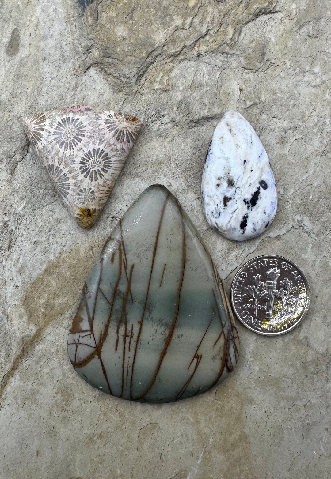 CLOSEOUT LOT 3 Cabochons, Red Creek Jasper, White Buffalo and Fossil Coral