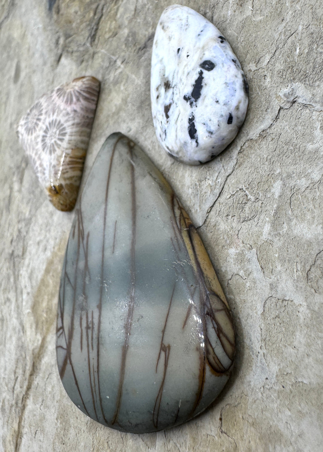 CLOSEOUT LOT 3 Cabochons, Red Creek Jasper, White Buffalo and Fossil Coral