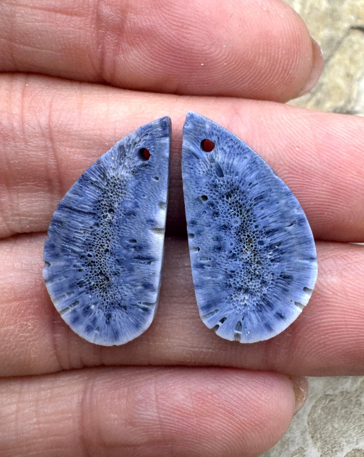 Natural Blue Sponge Coral Matching Earing Slab Bead Pair 12x25mm