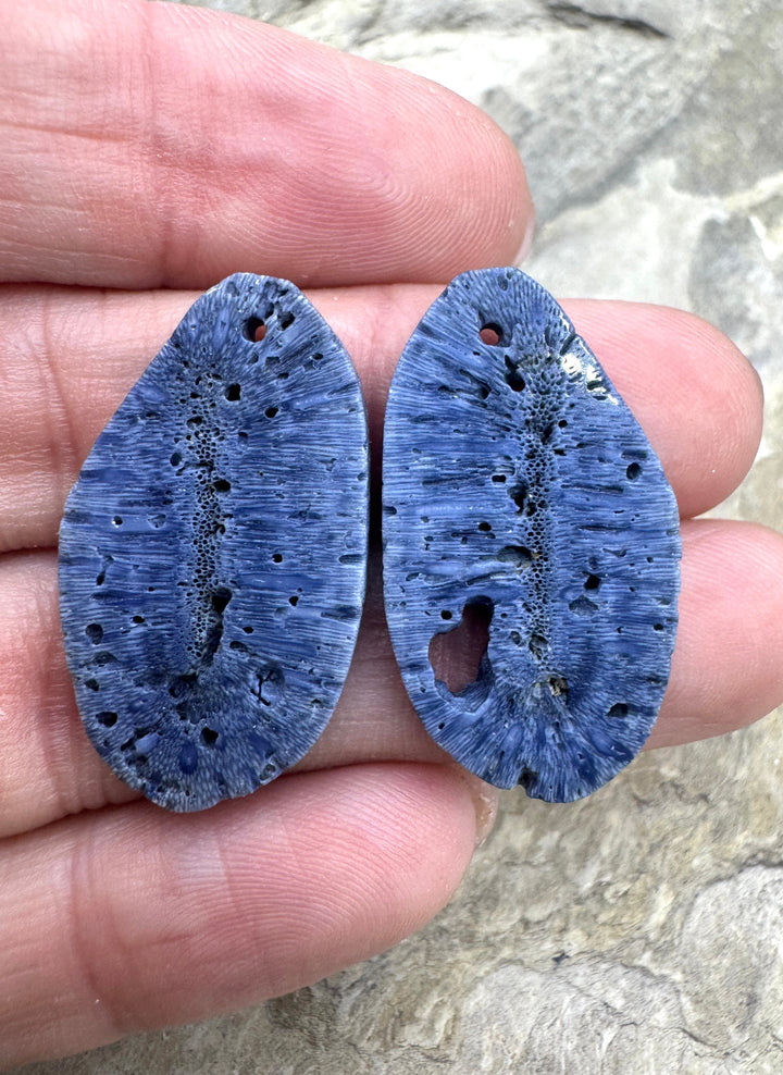 Natural Blue Sponge Coral Matching Earing Slab Bead Pair 16x30mm