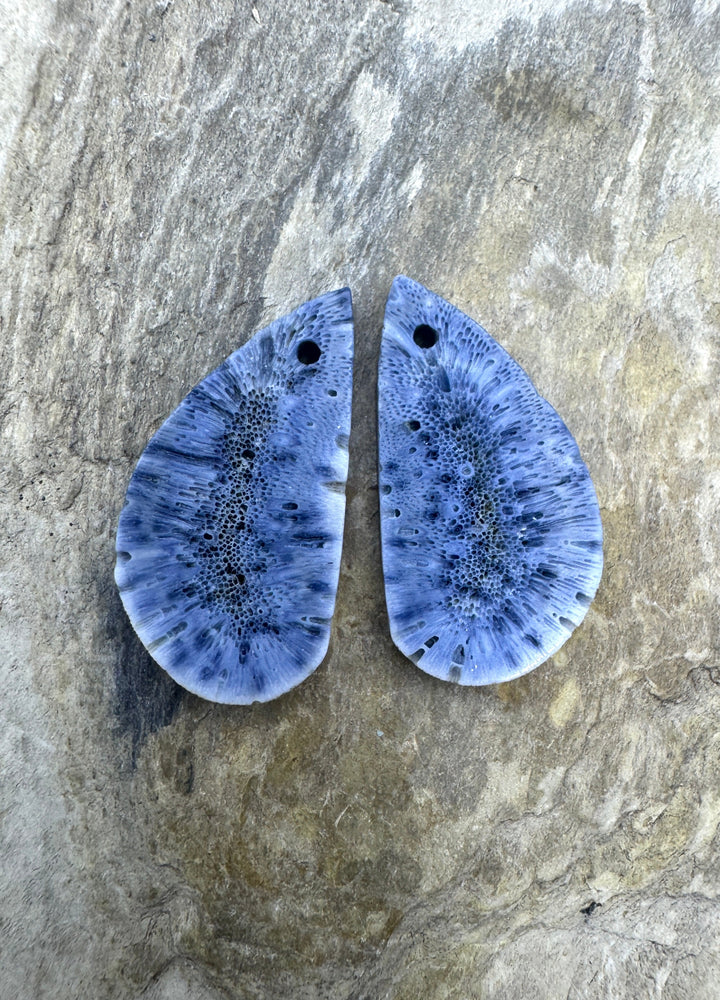 Natural Blue Sponge Coral Matching Earing Slab Bead Pair 12x25mm