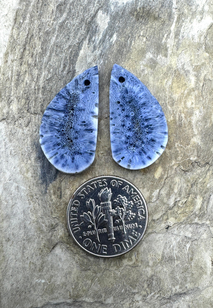 Natural Blue Sponge Coral Matching Earing Slab Bead Pair 12x25mm