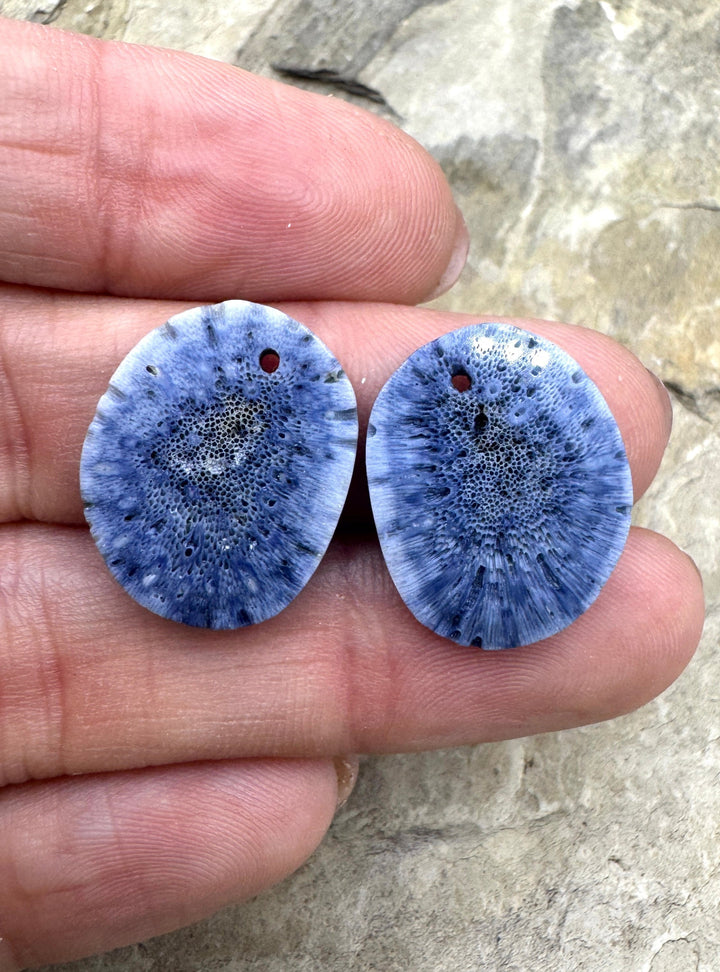 Natural Blue Sponge Coral Matching Earing Slab Bead Pair 16x20mm
