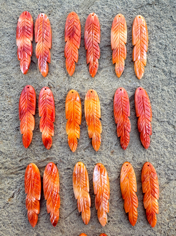 Orange Spiny Oyster Carved Feather Earring Bead Pair 12x45mm, One Pair