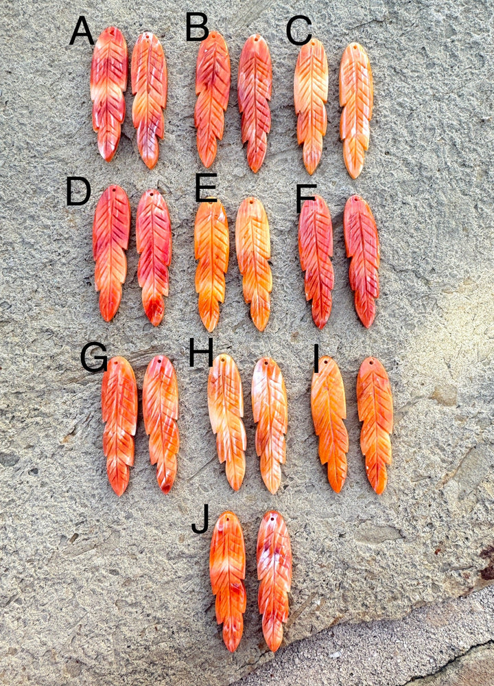 Orange Spiny Oyster Carved Feather Earring Bead Pair 12x45mm, One Pair