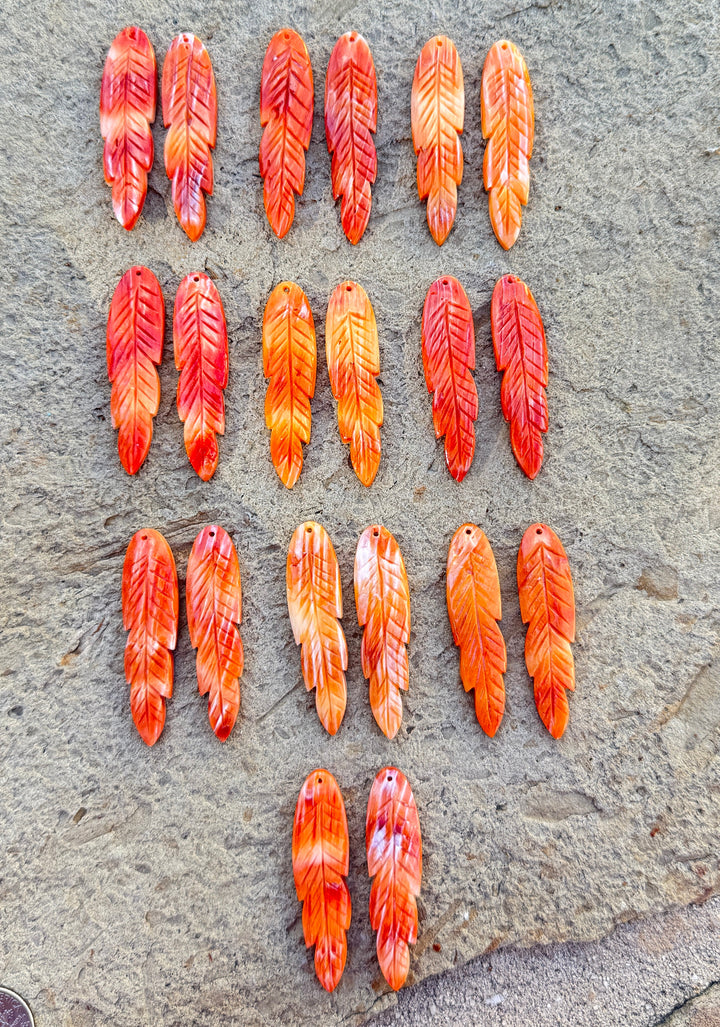 Orange Spiny Oyster Carved Feather Earring Bead Pair 12x45mm, One Pair
