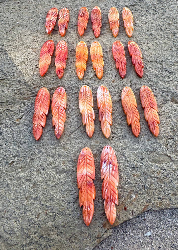 Orange Spiny Oyster Carved Feather Earring Bead Pair 12x45mm, One Pair
