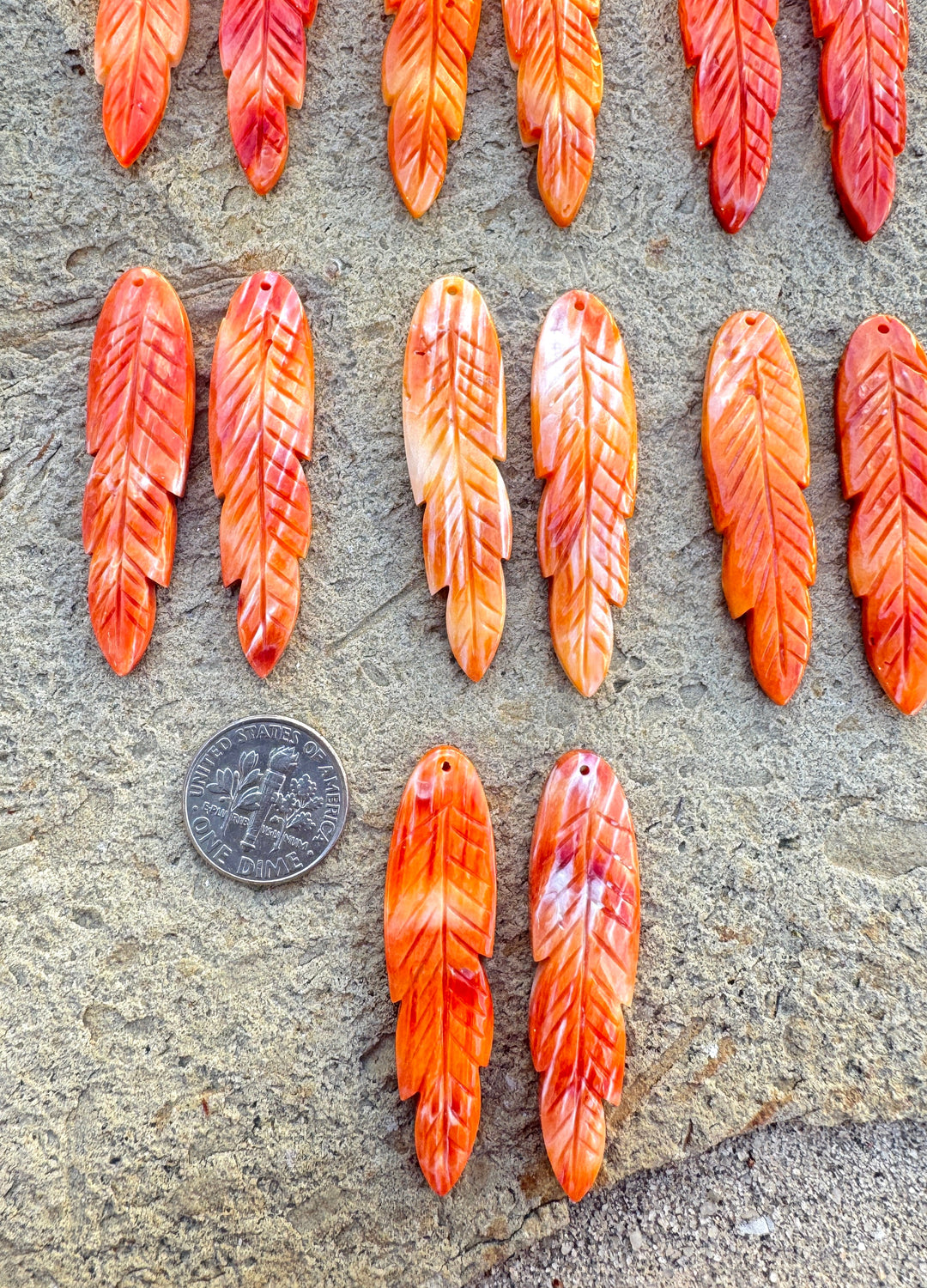 Orange Spiny Oyster Carved Feather Earring Bead Pair 12x45mm, One Pair