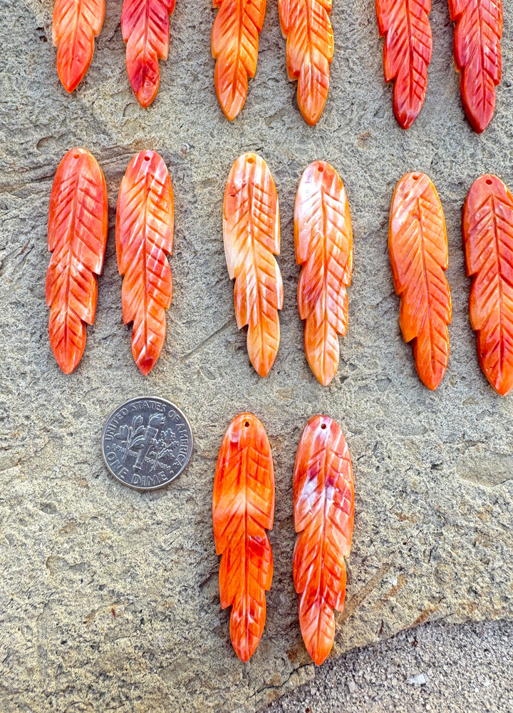 Orange Spiny Oyster Carved Feather Earring Bead Pair 12x45mm, One Pair