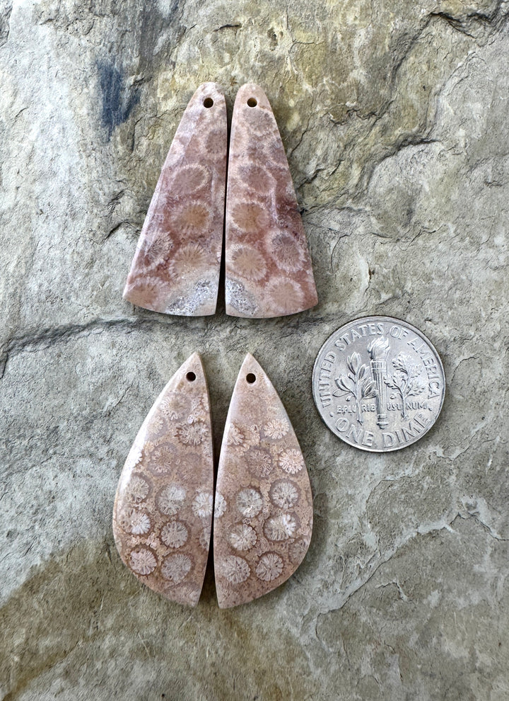 Fossil Coral Matching Earring Slab Bead Pair 12x31mm, Select One Pair