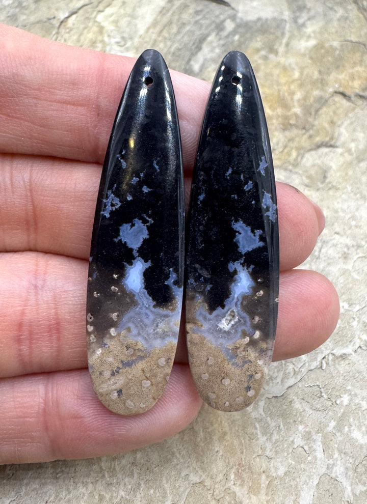 Petrified Palm Root Matchimg Earring Slab Bead Pair 13x50mm