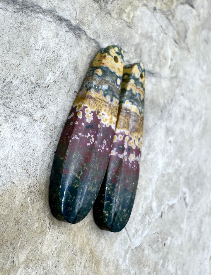 River Jasper (Indonesia) Matching Earring Bead Slab Pair 9x30mm