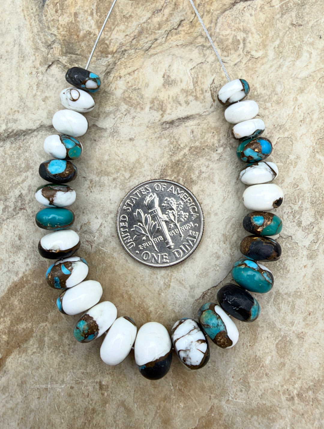 Kingman Turquoise and White Buffalo with Bronze Composite Graduated Rondelle Beads 7-10mm, 2.5 Inch Focal Strand/25 Beads