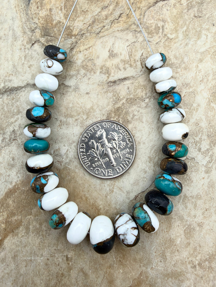 Kingman Turquoise and White Buffalo with Bronze Composite Graduated Rondelle Beads 7-10mm, 2.5 Inch Focal Strand/25 Beads