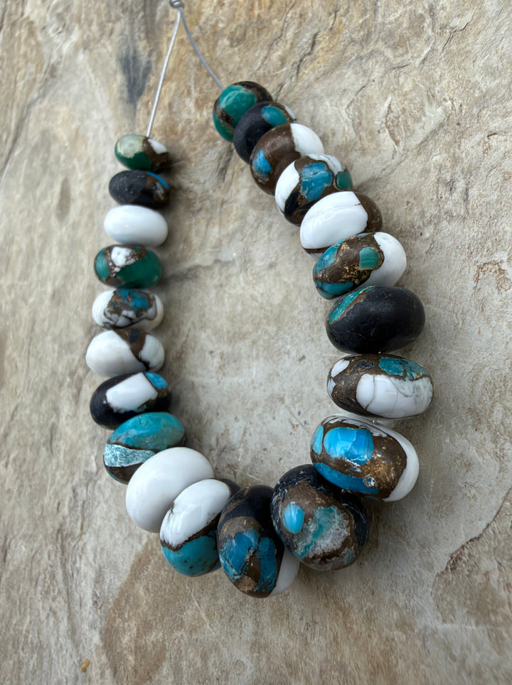 Kingman Turquoise and White Buffalo with Bronze Composite Graduated Rondelle Beads 7-10, 2 Inch Focal Strand/21 Beads