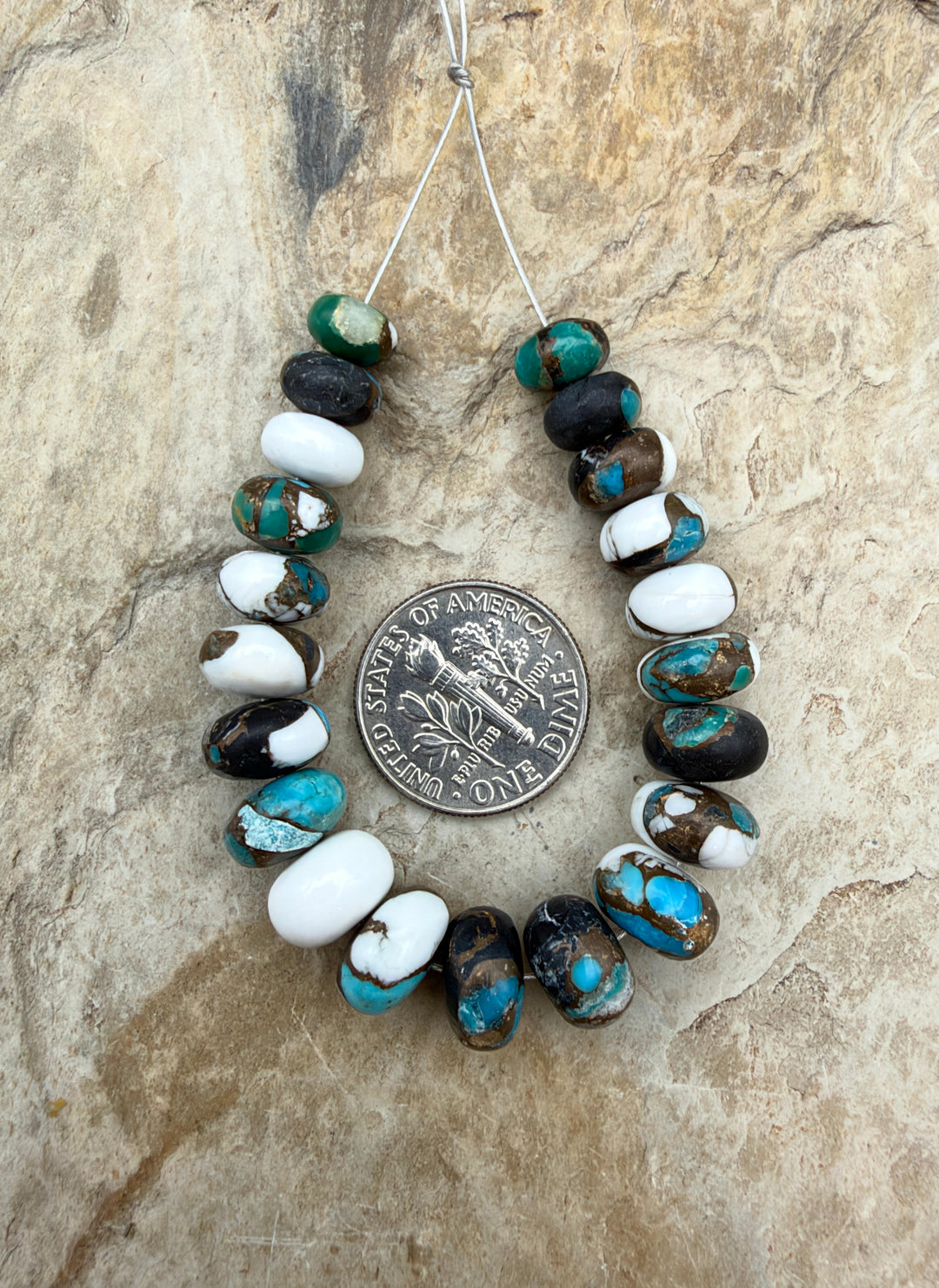 Kingman Turquoise and White Buffalo with Bronze Composite Graduated Rondelle Beads 7-10, 2 Inch Focal Strand/21 Beads