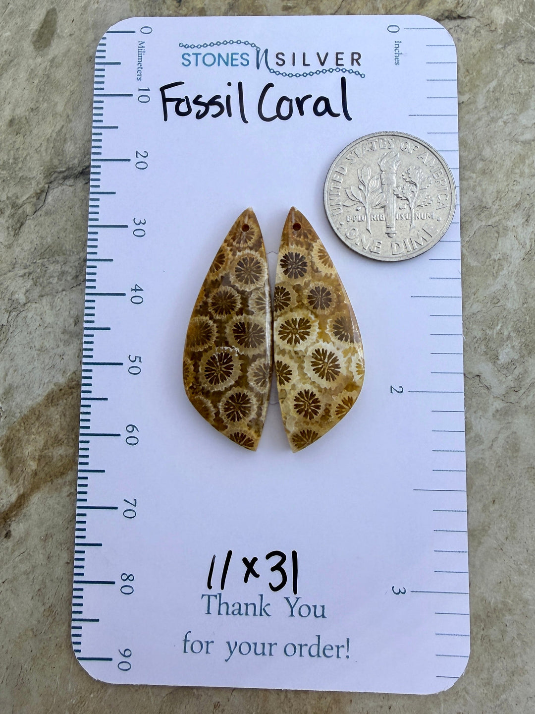 AAA+ Fossil Coral Matching Earring Slab Bead Pair 11x31mm