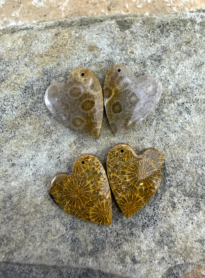 AAA+ Fossil Coral Matching Heart Shaped Earring Slab Bead