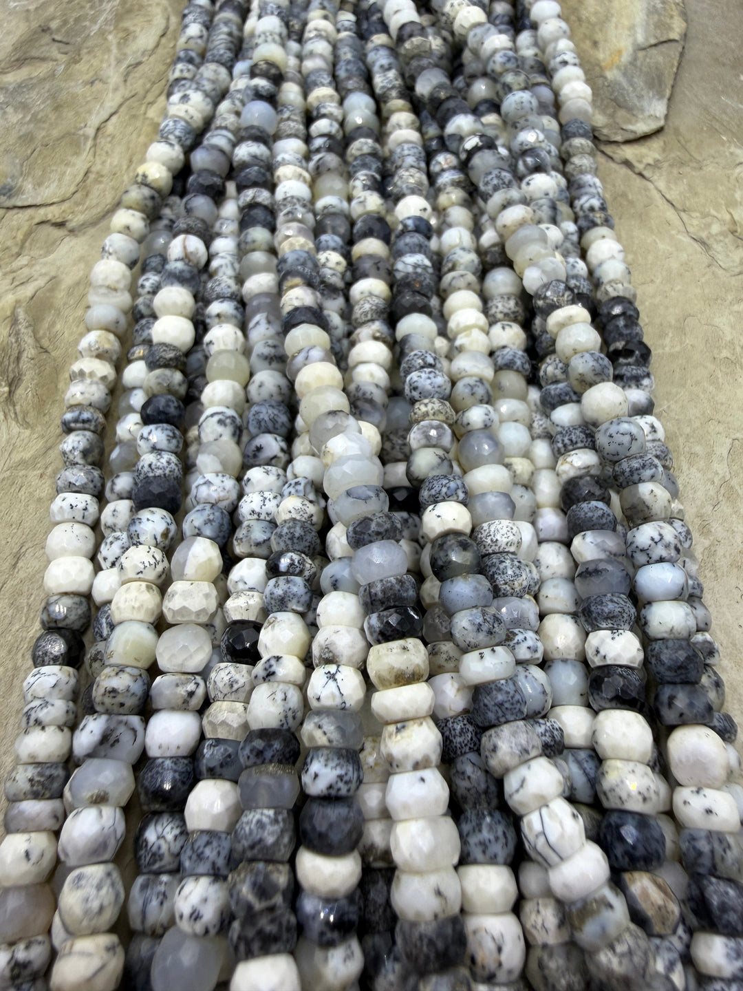 Black and White Dendritic Opal 6mm Faceted Rondelle Beads
