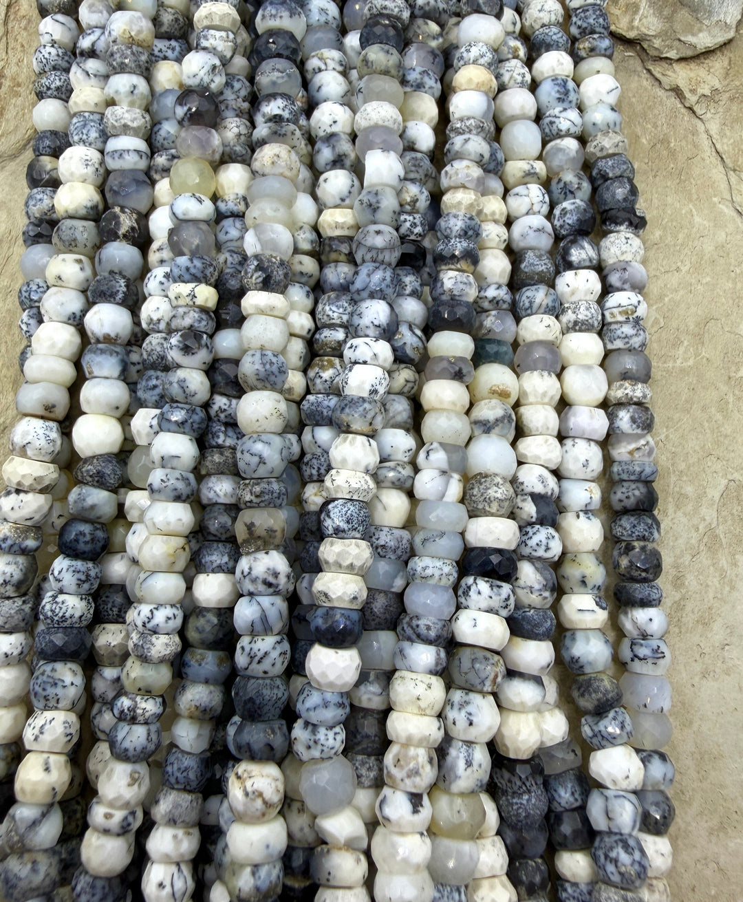 Black and White Dendritic Opal 6mm Faceted Rondelle Beads