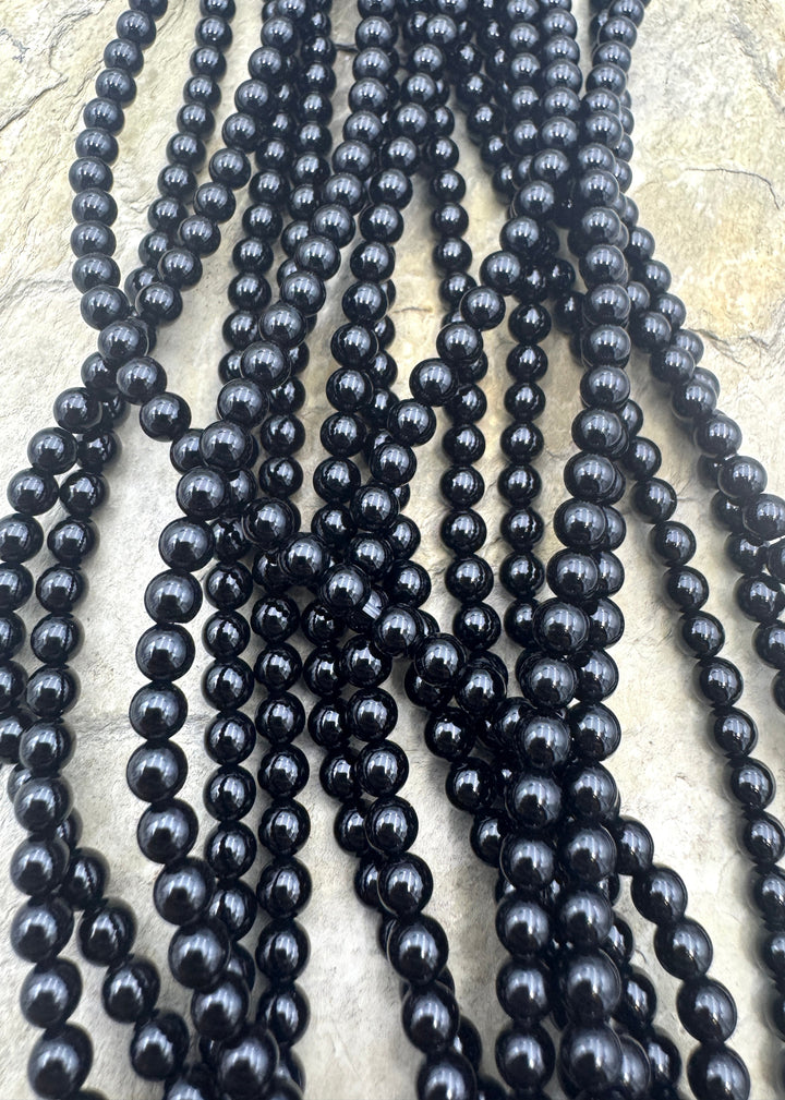 Black Onyx 4mm Round Beads 15.5 inch Strand - Black Lava