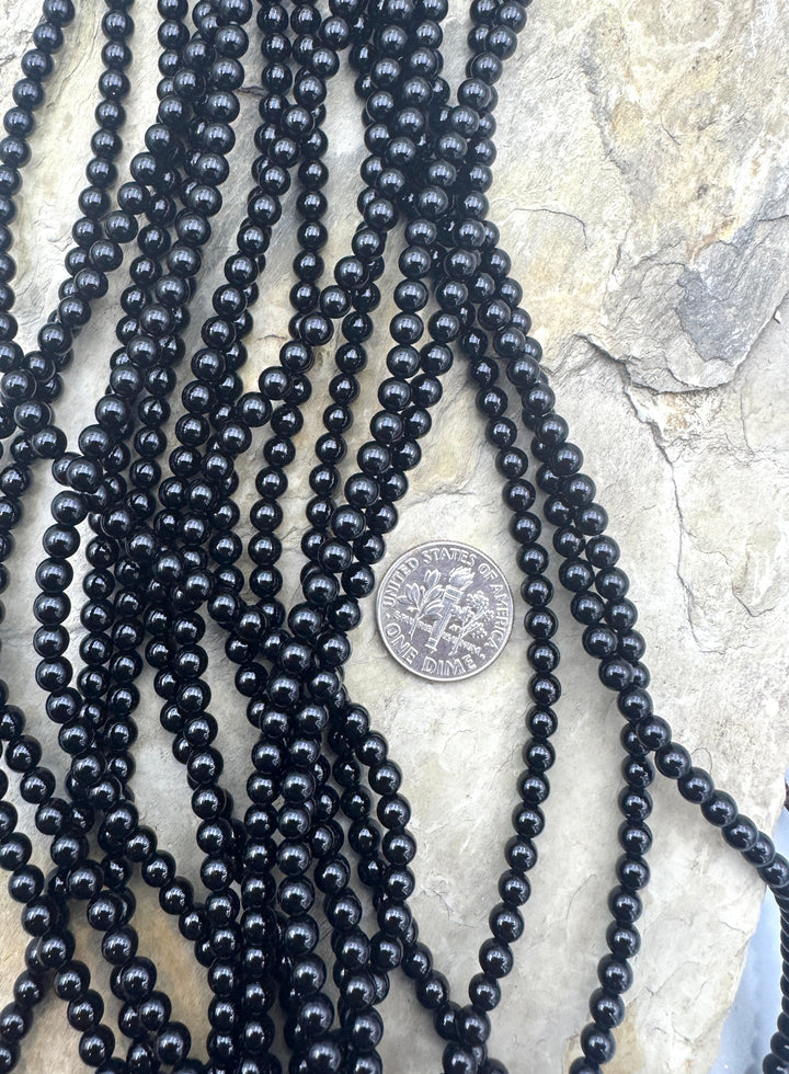 Black Onyx 4mm Round Beads 15.5 inch Strand - Black Lava