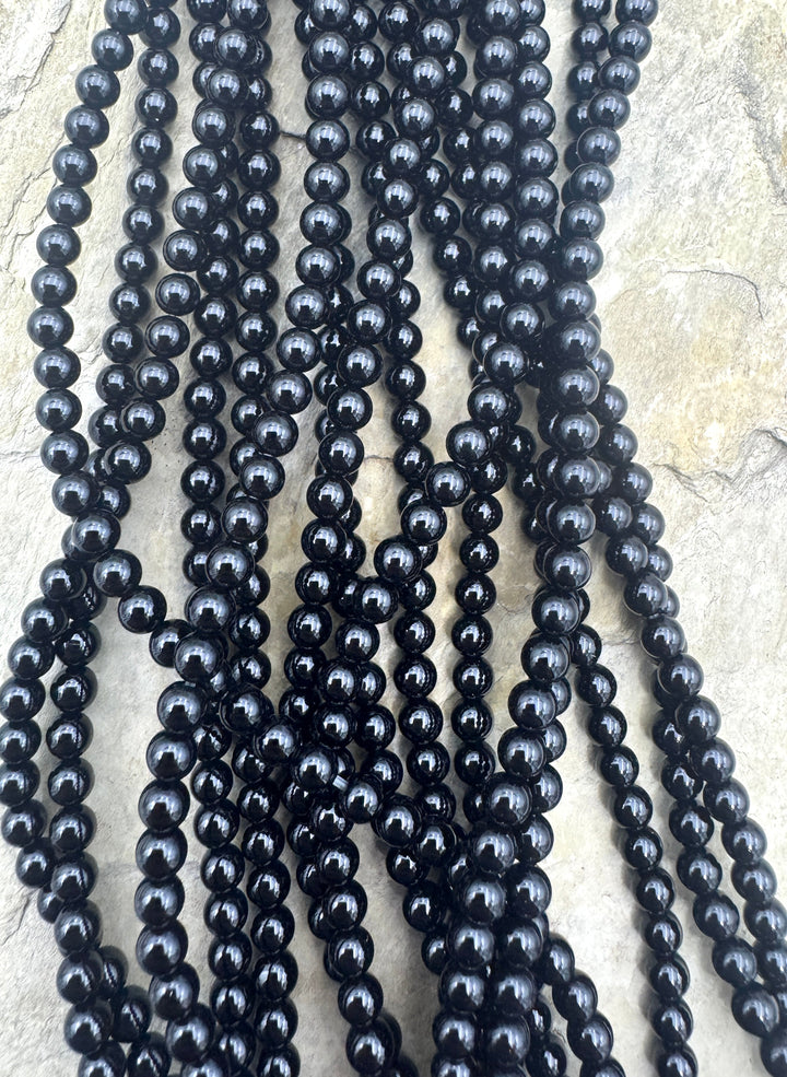 Black Onyx 4mm Round Beads 15.5 inch Strand - Black Lava