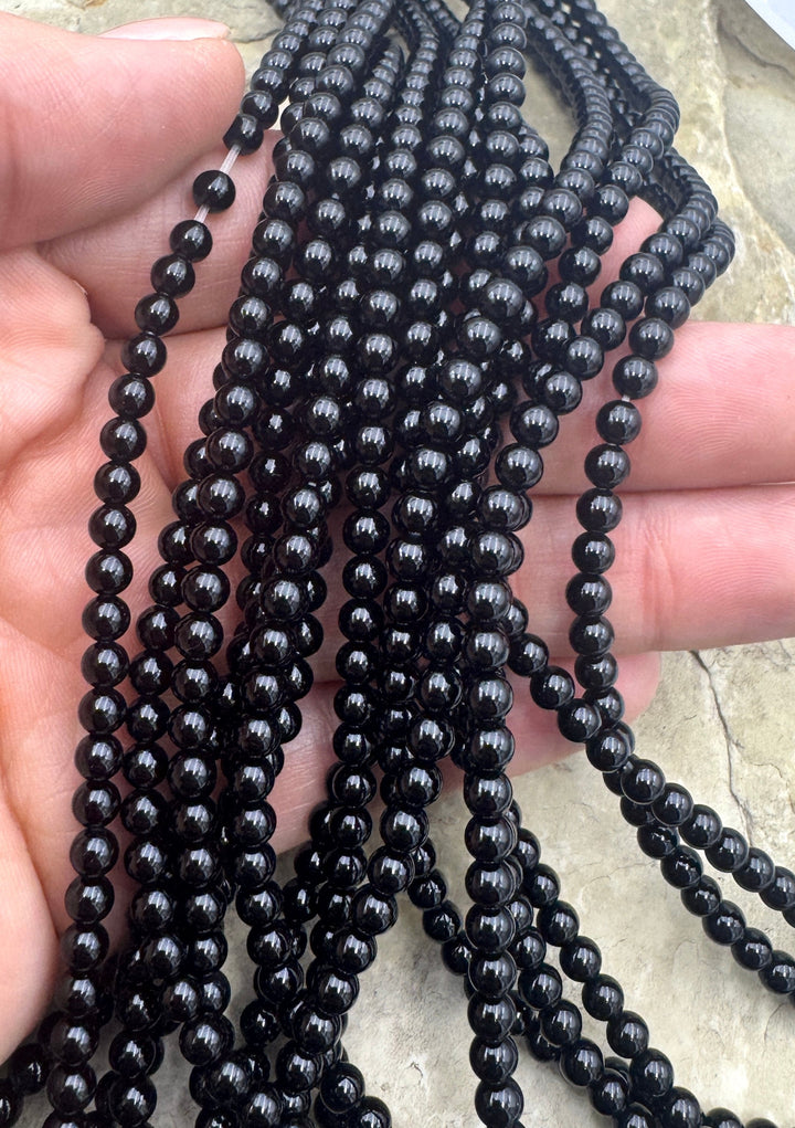 Black Onyx 4mm Round Beads 15.5 inch Strand - Black Lava