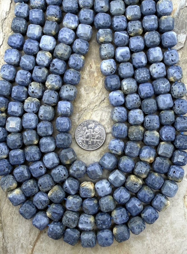 Blue Sponge Faceted Cube Beads 8mm 1.5 Inch Strand/16