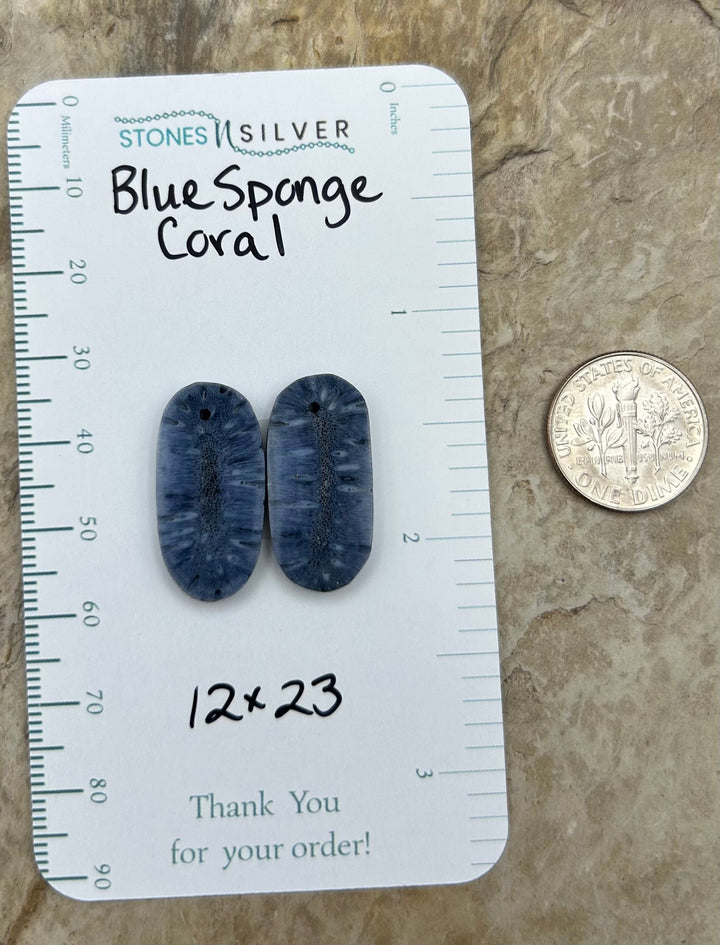 Blue Sponge Matching Earring Slab Bead Pair 12x23mm - Coral