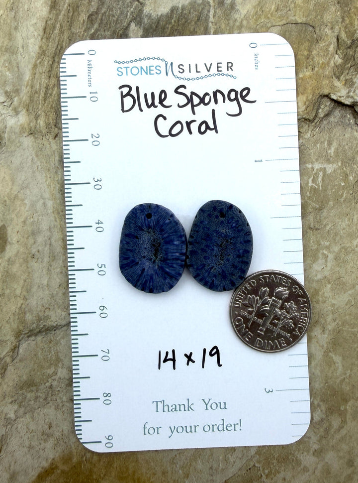 Blue Sponge Matching Earring Slab Bead Pair 14x19mm - Coral