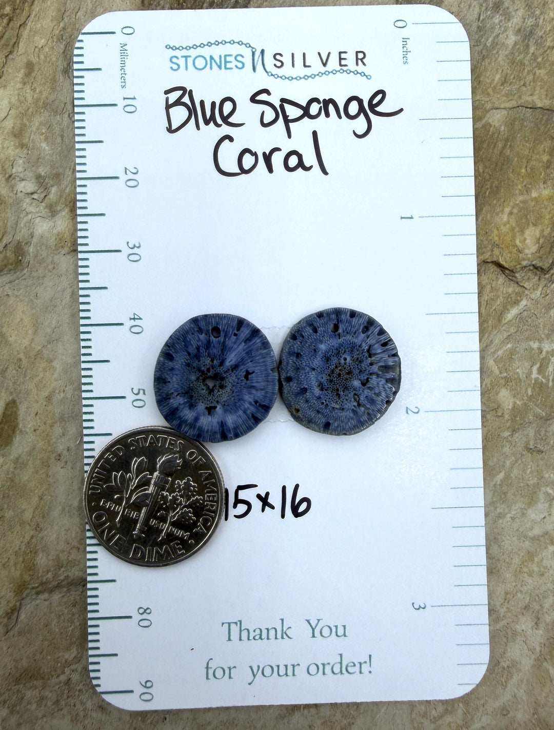 Blue Sponge Matching Earring Slab Bead Pair 15x16mm - Coral