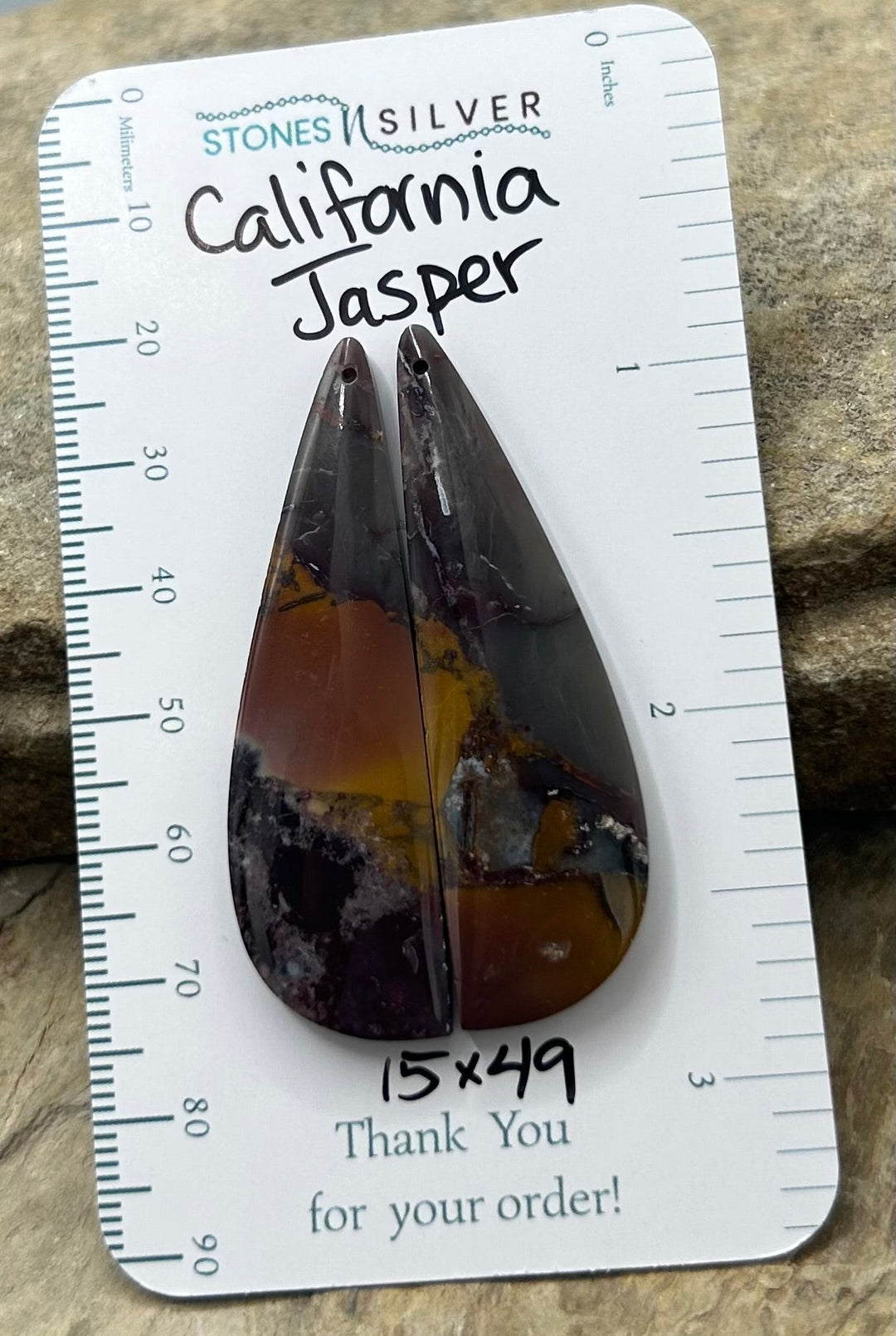 California Jasper Matching Earring Slab Bead Pair 15x49mm