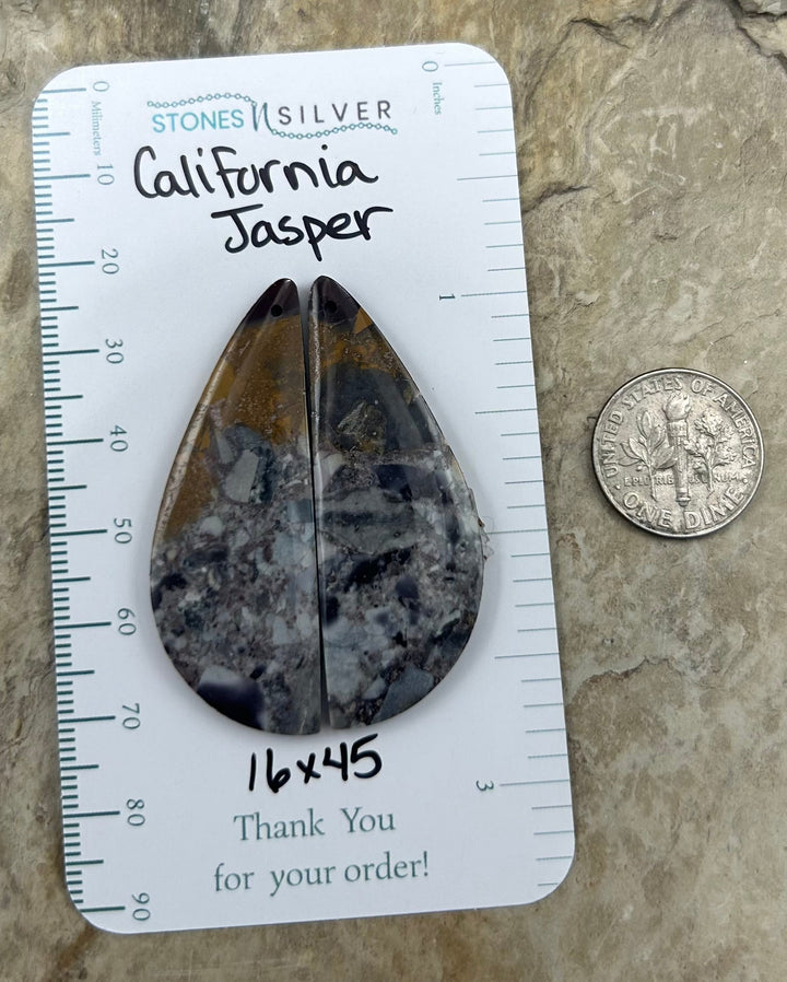 California Jasper Matching Earring Slab Bead Pair 16x45mm