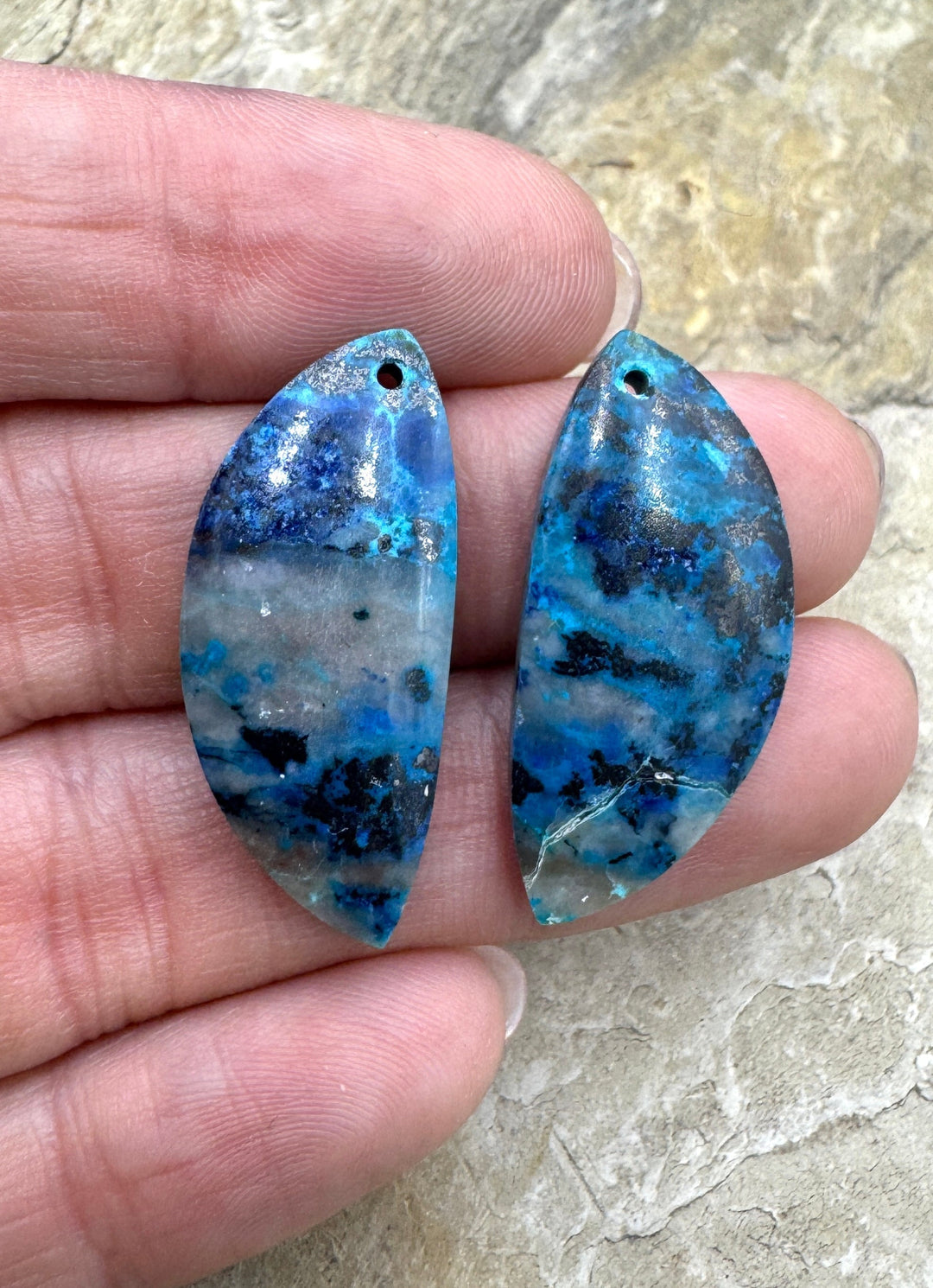 Chrysocolla Earring Slab Bead Pair 13x30mm - Parrot Wing
