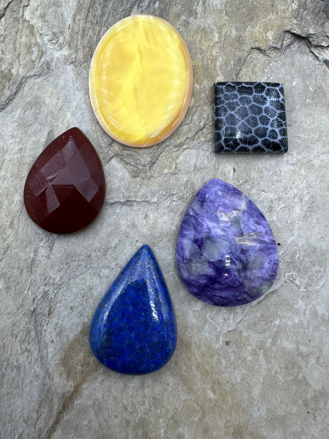 CLOSEOUT LOT 5 Designer Cabochons Charoite Mother of Pearl