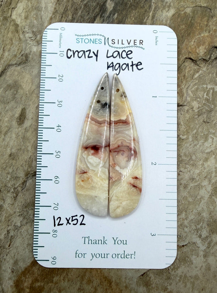 Crazy Lace Agate Earring Bead Slab Pair 12x52mm - Laguna