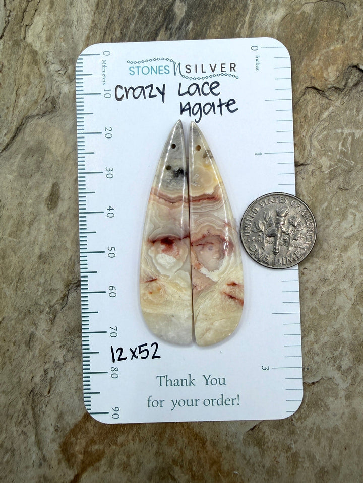 Crazy Lace Agate Earring Bead Slab Pair 12x52mm - Laguna