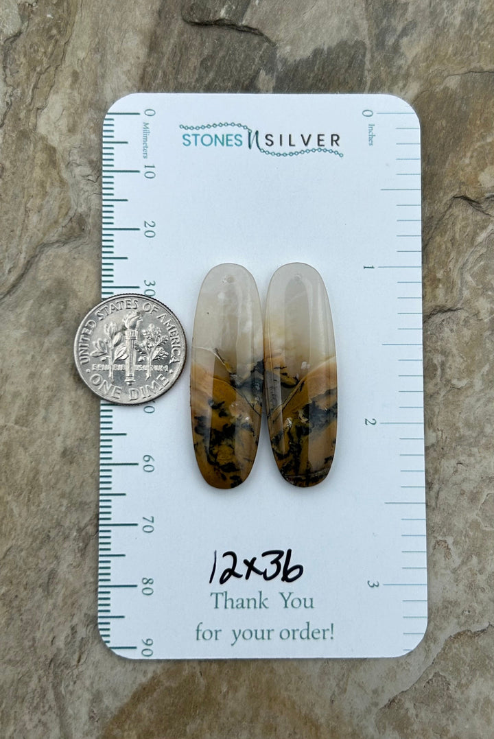 Dendritic Agate Earring Bead Slab Pair 12x36mm - Dendritic