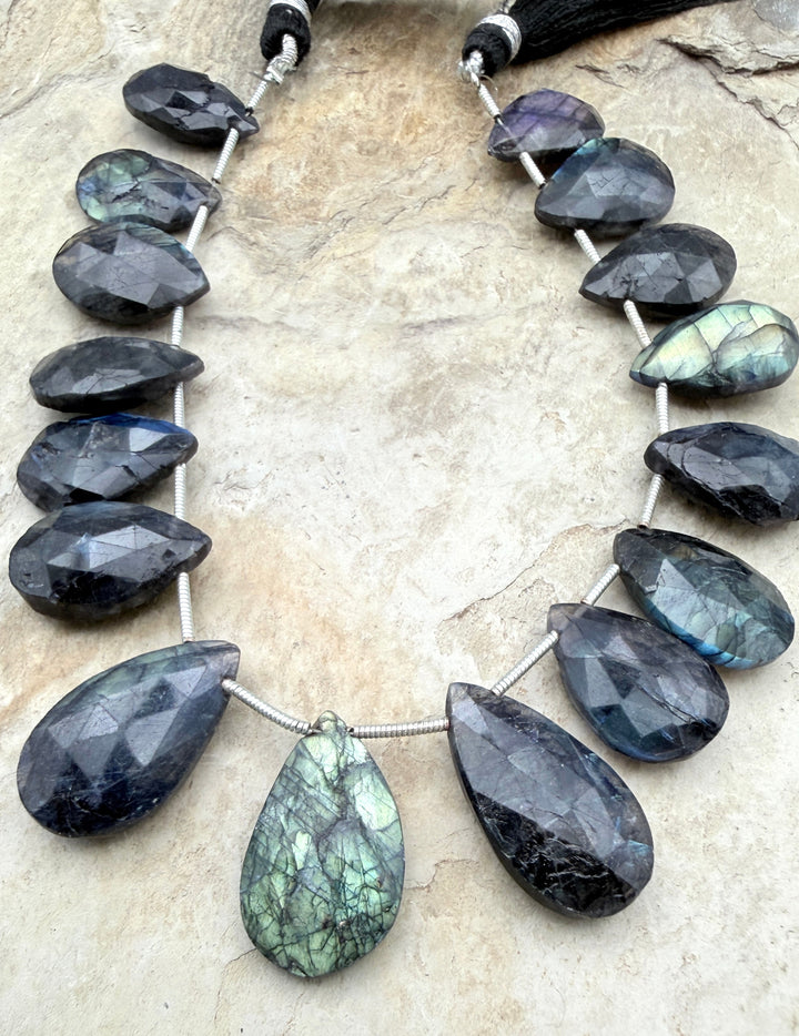 Flashy Black Labradorite Graduated Teardrop Briolette Beads