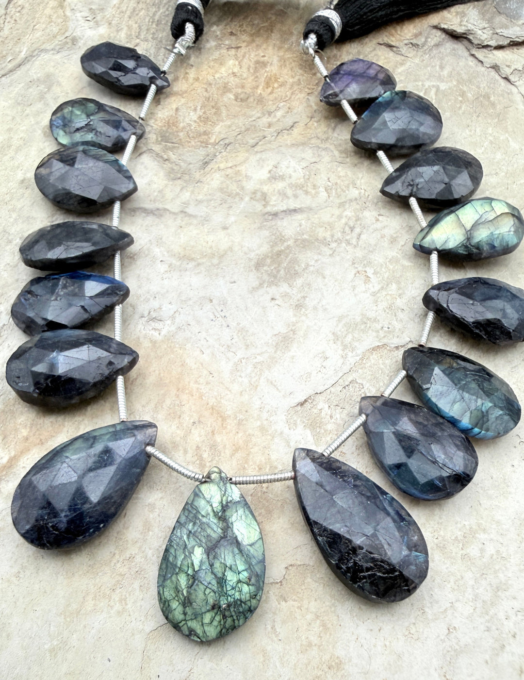 Flashy Black Labradorite Graduated Teardrop Briolette Beads